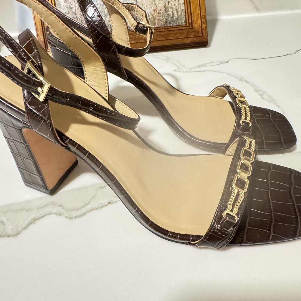 Ann Taylor Brown Croc-Embossed Block Heel Sandals with Gold Chain| Size 7.5 - Picture 2 of 8